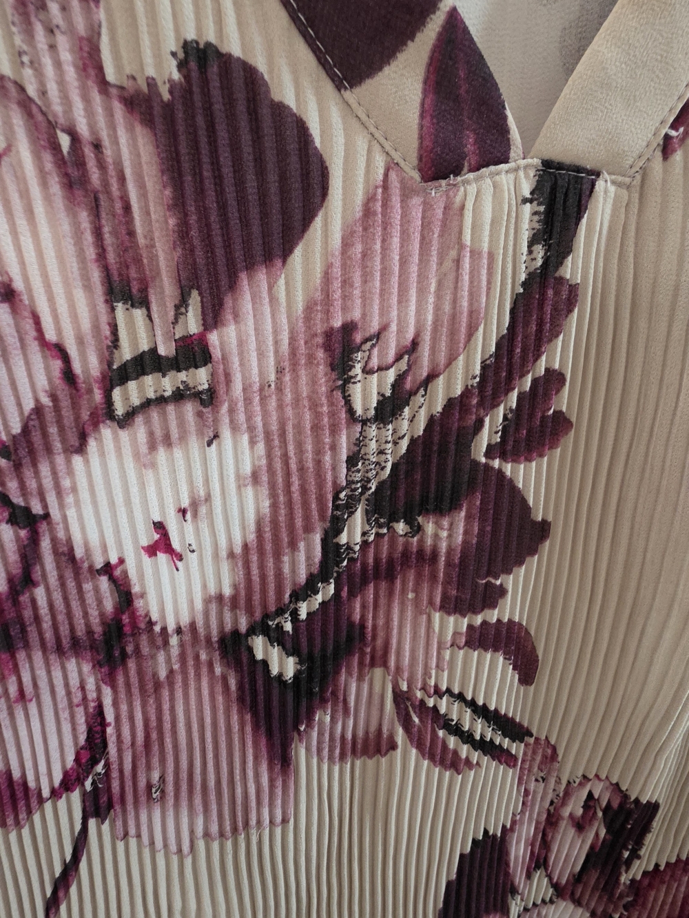 Calvin Klein Taupe Floral Pleated V-Neck Blouse with Plum Accents - Picture 5 of 11